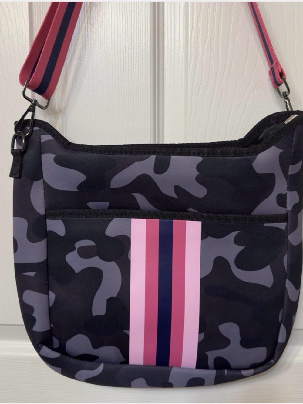 NWOT Neoprene Camo Crossbody Bag with Pink Stripe Accent